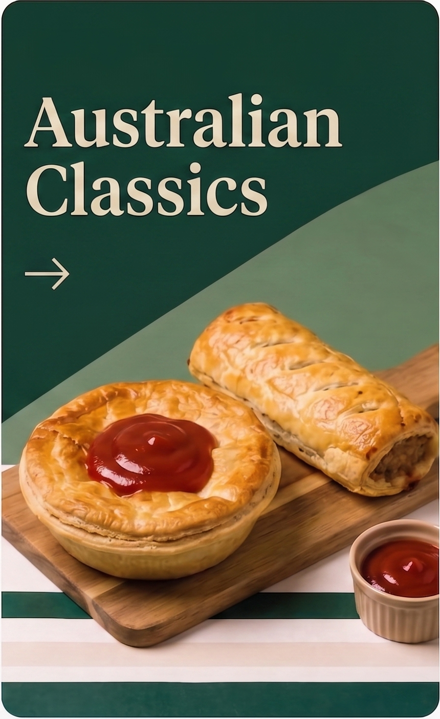Australian classics, hot pies and sausage rolls